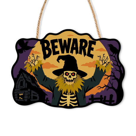 Ribcage Scarecrow Warning paint by numbers hanging sign – Skeleton scarecrow with red eyes and witch hat raising straw hands before a golden sky and old house, Beware, on a wooden sign with a rope hanger