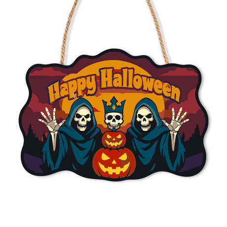 Crowned Reaper Trio paint by numbers hanging sign – Three hooded skull reapers, the middle one crowned, over stacked jack-o'-lanterns, Happy Halloween lettering, on a wooden sign with a rope hanger