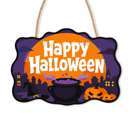 Purple Potion Cauldron Night paint by numbers hanging sign – Black cauldron bubbling purple potion with jack-o'-lanterns before an orange moon and purple town, Happy Halloween, on a wooden sign with a rope hanger