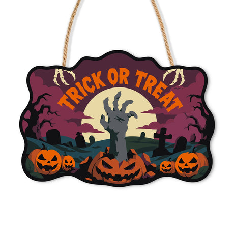 Pale Moon Zombie Hand Treat paint by numbers hanging sign – Grey zombie hand rising from a grave before a pale moon, skeleton hands, jack-o'-lanterns, Trick or Treat lettering, on a wooden sign with a rope hanger