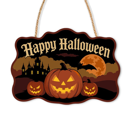 Castle Hill Pumpkin Patch Glow paint by numbers hanging sign – Large glowing jack-o'-lantern with two small ones before a castle silhouette and orange moon, Happy Halloween, on a wooden sign with a rope hanger