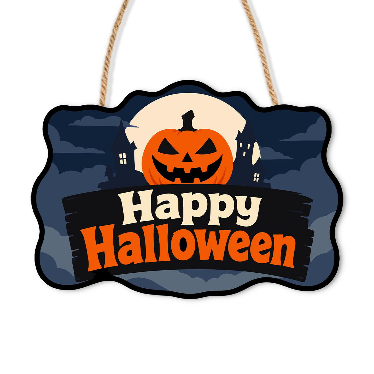 Blue Night Jack-O'-Lantern Moon paint by numbers hanging sign – Grinning jack-o'-lantern before a full moon and haunted rooftops above a dark board reading Happy Halloween, on a wooden sign with a rope hanger