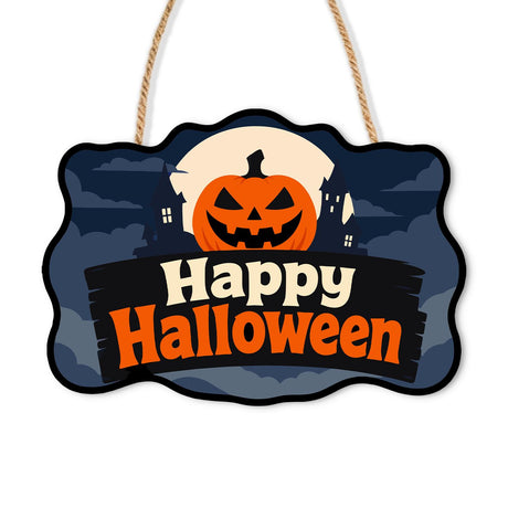 Blue Night Jack-O'-Lantern Moon paint by numbers hanging sign – Grinning jack-o'-lantern before a full moon and haunted rooftops above a dark board reading Happy Halloween, on a wooden sign with a rope hanger