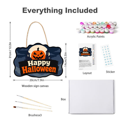 Blue Night Jack-O'-Lantern Moon paint by numbers hanging sign – what's in the kit: the wooden sign, rope hanger, numbered paints and brushes