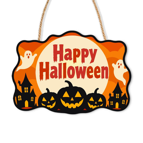 Haunted Row and Moonlit Ghosts paint by numbers hanging sign – Two ghosts by a cream moon with red Happy Halloween lettering, haunted houses each side and three jack-o'-lanterns, on a wooden sign with a rope hanger