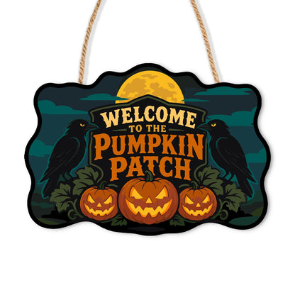 Twin Ravens Guarding the Pumpkins paint by numbers hanging sign – Two ravens flanking three jack-o'-lanterns under a full moon, Welcome to the Pumpkin Patch lettering, on a wooden sign with a rope hanger