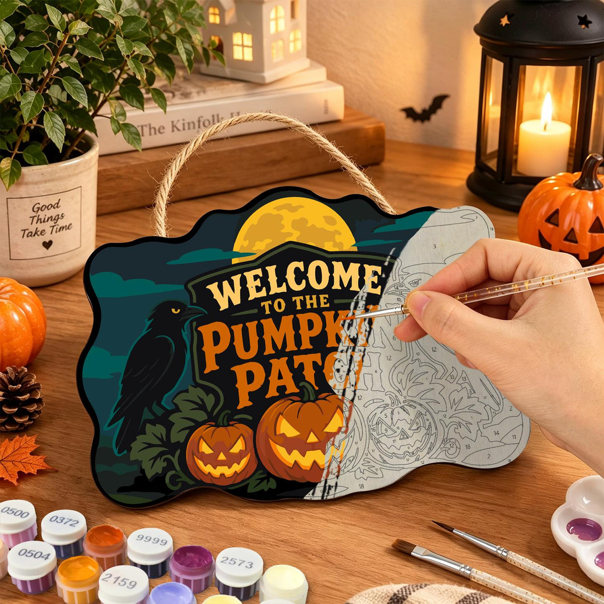 Twin Ravens Guarding the Pumpkins paint by numbers hanging sign – image 7