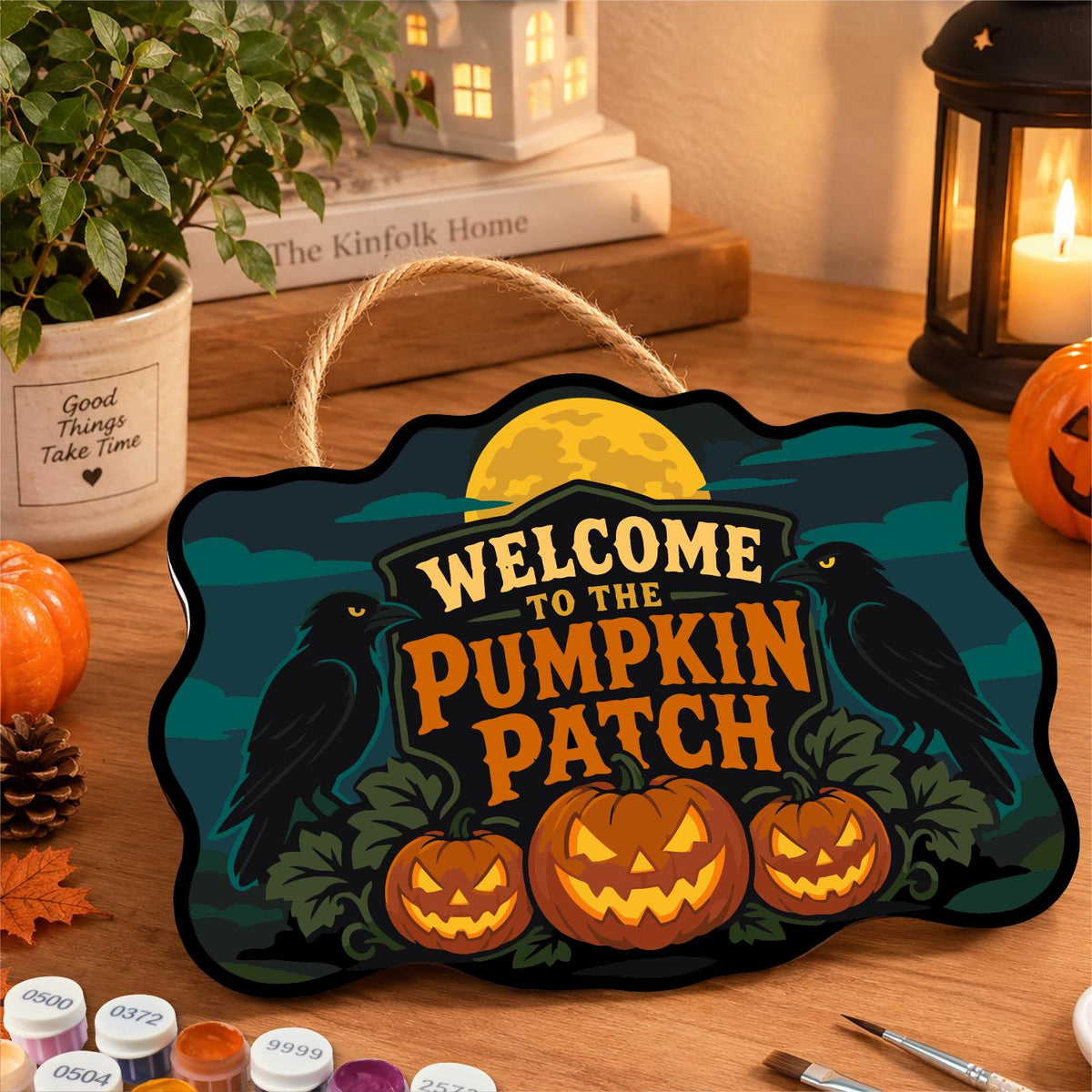 Twin Ravens Guarding the Pumpkins paint by numbers hanging sign – image 8