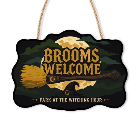 Witching Hour Broom by Moonlight paint by numbers hanging sign – Broomstick and witch hat before a full moon in dark woods, Brooms Welcome, Park at the Witching Hour, on a wooden sign with a rope hanger