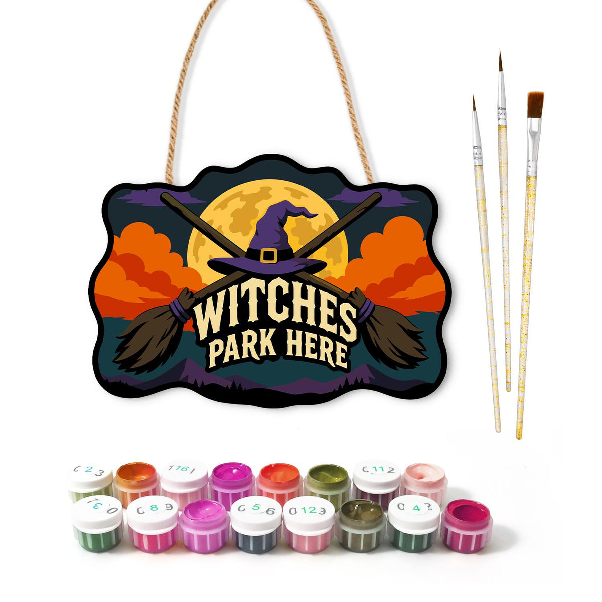 Crossed Brooms and Purple Hat paint by numbers hanging sign – image 2