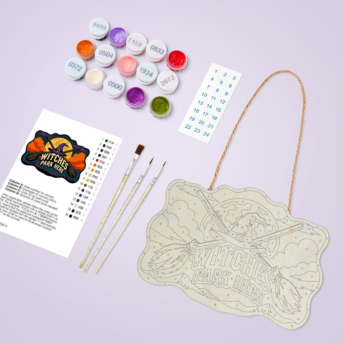 Crossed Brooms and Purple Hat paint by numbers hanging sign – image 3