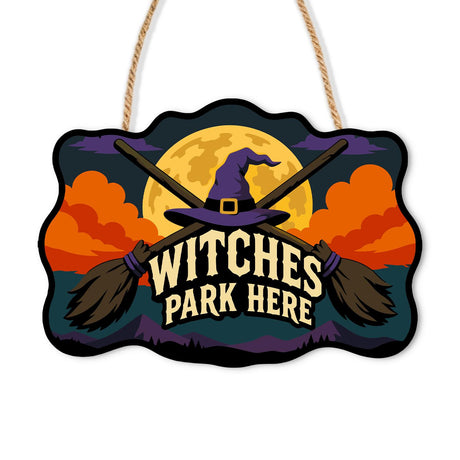 Crossed Brooms and Purple Hat paint by numbers hanging sign – Two crossed brooms with a purple witch hat before a full moon and orange clouds, Witches Park Here lettering, on a wooden sign with a rope hanger