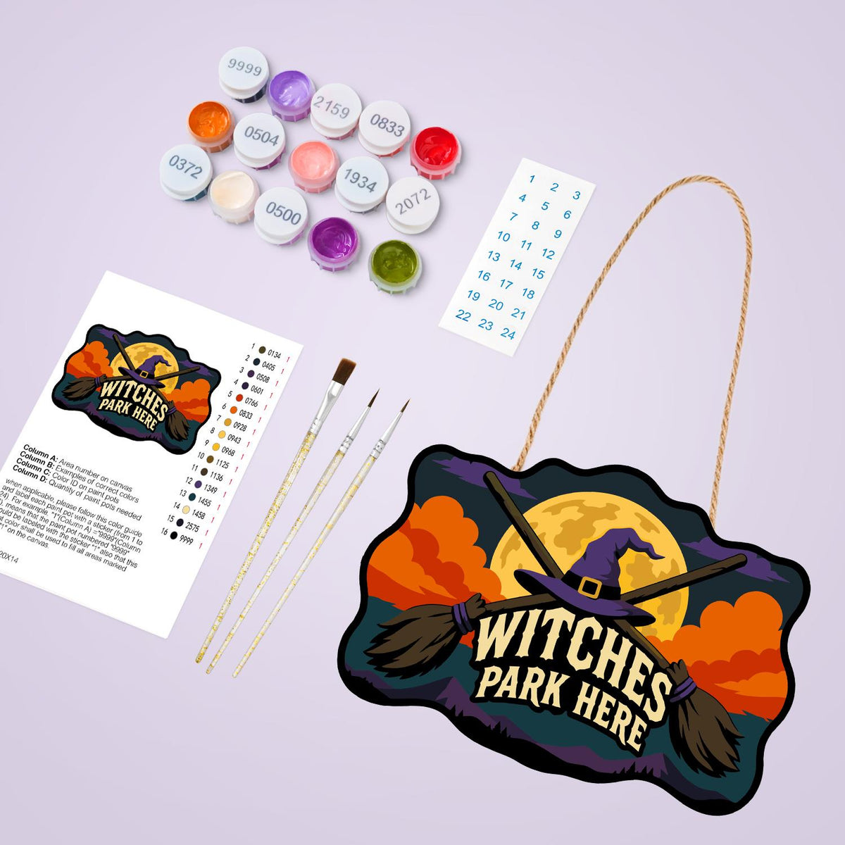 Crossed Brooms and Purple Hat paint by numbers hanging sign – image 4