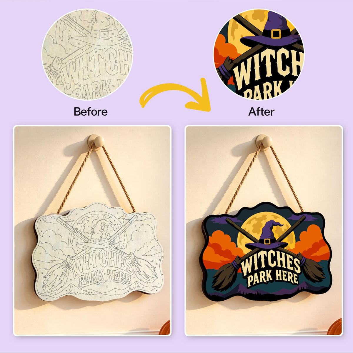 Crossed Brooms and Purple Hat paint by numbers hanging sign – image 10