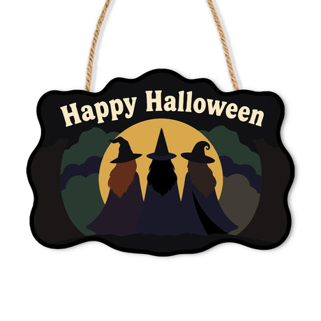 Moonrise Witch Trio Silhouette paint by numbers hanging sign – Three witch silhouettes in pointed hats before a golden full moon in dark woods, Happy Halloween lettering, on a wooden sign with a rope hanger