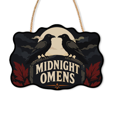 Raven Pair on a Moonlit Stone paint by numbers hanging sign – Two ravens perched on a stone arch before a full moon with red leaves, Midnight Omens lettering, on a wooden sign with a rope hanger