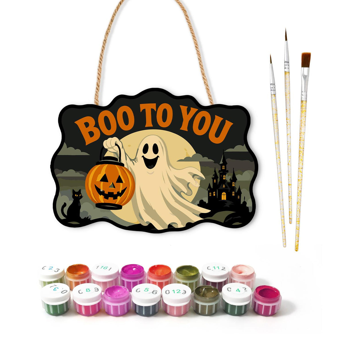 Ghost with a Pumpkin Lantern paint by numbers hanging sign – image 2