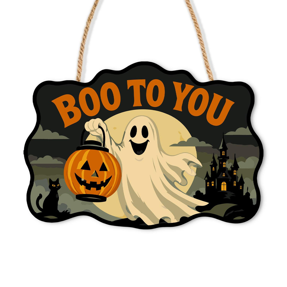 Ghost with a Pumpkin Lantern paint by numbers hanging sign – Friendly ghost holding a pumpkin lantern beside a black cat and a castle in the mist, Boo to You lettering, on a wooden sign with a rope hanger