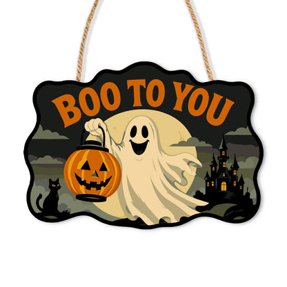 Ghost with a Pumpkin Lantern paint by numbers hanging sign – Friendly ghost holding a pumpkin lantern beside a black cat and a castle in the mist, Boo to You lettering, on a wooden sign with a rope hanger