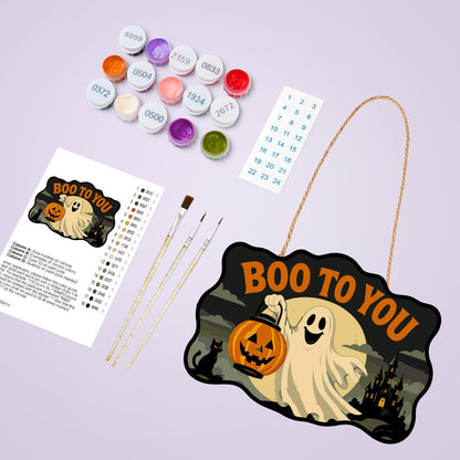 Ghost with a Pumpkin Lantern paint by numbers hanging sign – image 4