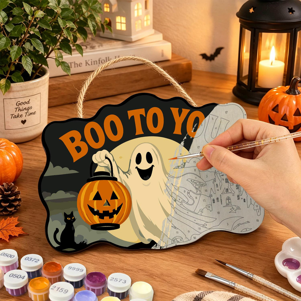 Ghost with a Pumpkin Lantern paint by numbers hanging sign – image 7