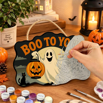 Ghost with a Pumpkin Lantern paint by numbers hanging sign – image 7