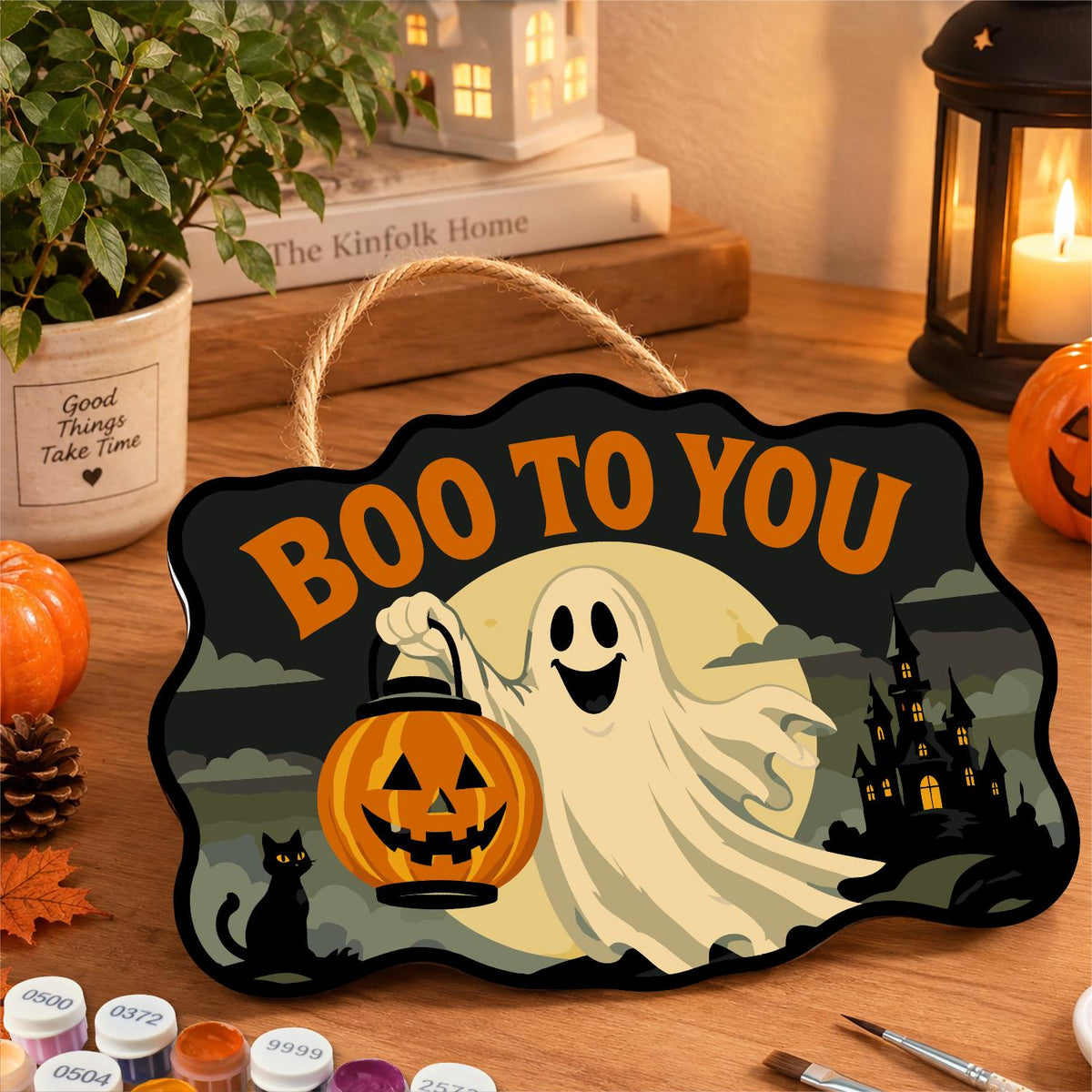 Ghost with a Pumpkin Lantern paint by numbers hanging sign – image 8