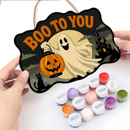 Ghost with a Pumpkin Lantern paint by numbers hanging sign – image 9