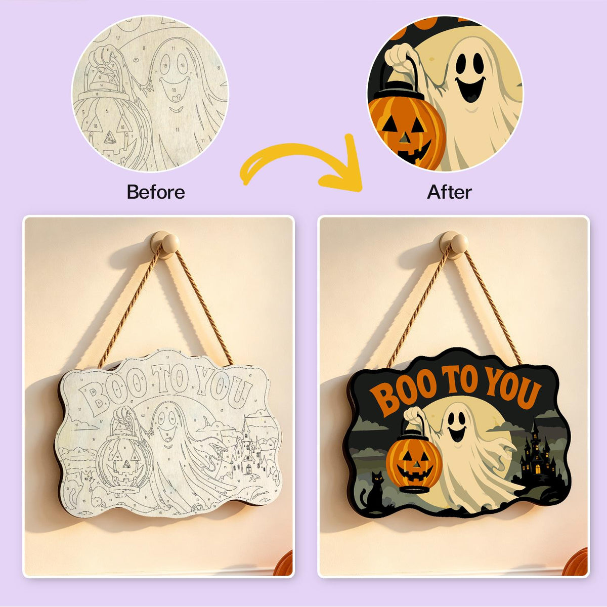 Ghost with a Pumpkin Lantern paint by numbers hanging sign – image 10