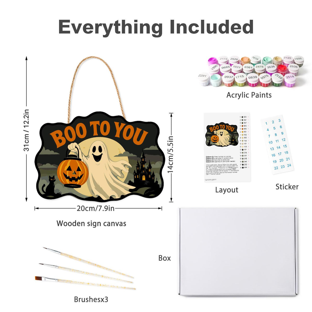 Ghost with a Pumpkin Lantern paint by numbers hanging sign – what's in the kit: the wooden sign, rope hanger, numbered paints and brushes