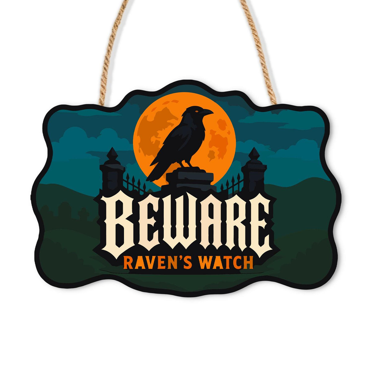 Raven on the Iron Gate Pillar paint by numbers hanging sign – Raven perched on a gate pillar before an orange moon with iron railings, Beware Raven's Watch lettering, on a wooden sign with a rope hanger