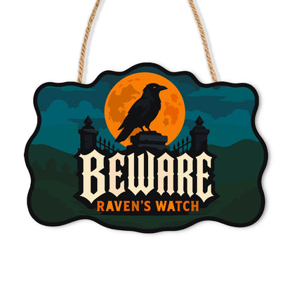 Raven on the Iron Gate Pillar paint by numbers hanging sign – Raven perched on a gate pillar before an orange moon with iron railings, Beware Raven's Watch lettering, on a wooden sign with a rope hanger