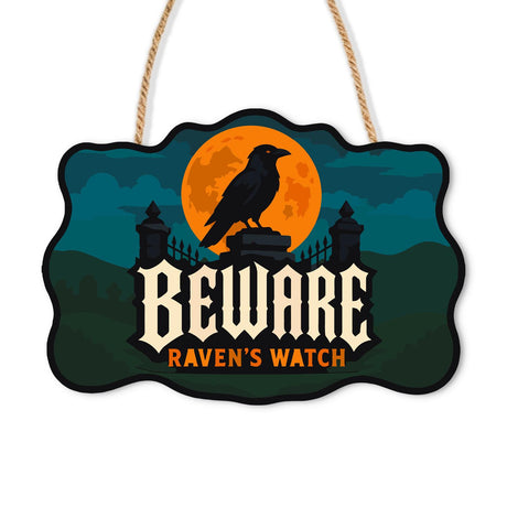 Raven on the Iron Gate Pillar paint by numbers hanging sign – Raven perched on a gate pillar before an orange moon with iron railings, Beware Raven's Watch lettering, on a wooden sign with a rope hanger