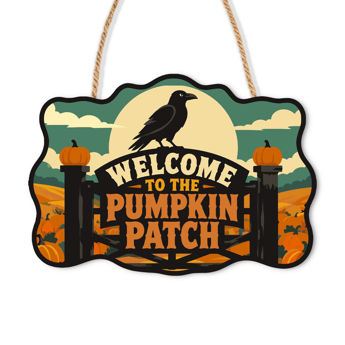 Raven Over the Pumpkin Farm Gate paint by numbers hanging sign – Raven perched on a gate board reading Welcome to the Pumpkin Patch, pumpkins on posts and a pumpkin field, on a wooden sign with a rope hanger