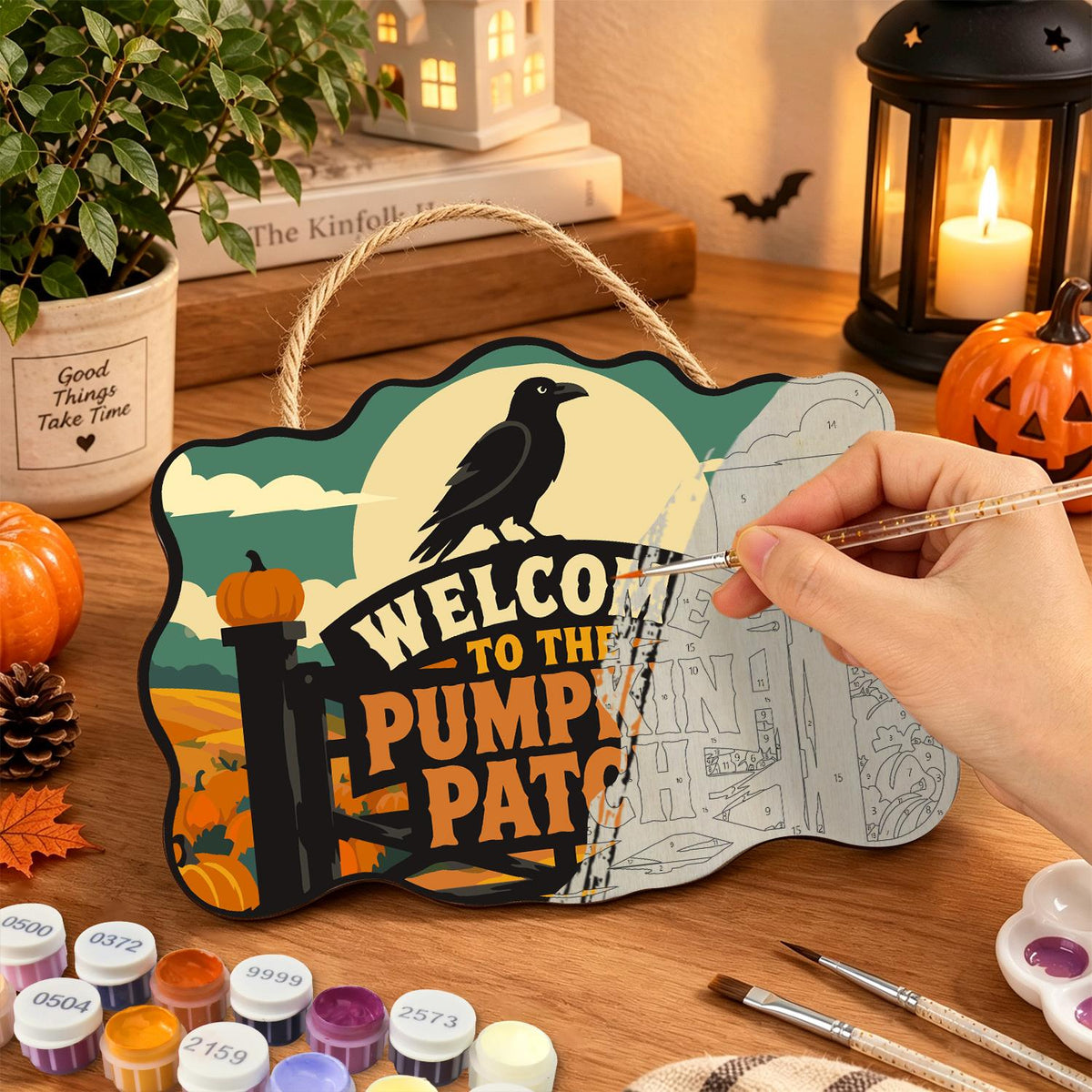 Raven Over the Pumpkin Farm Gate paint by numbers hanging sign – image 7
