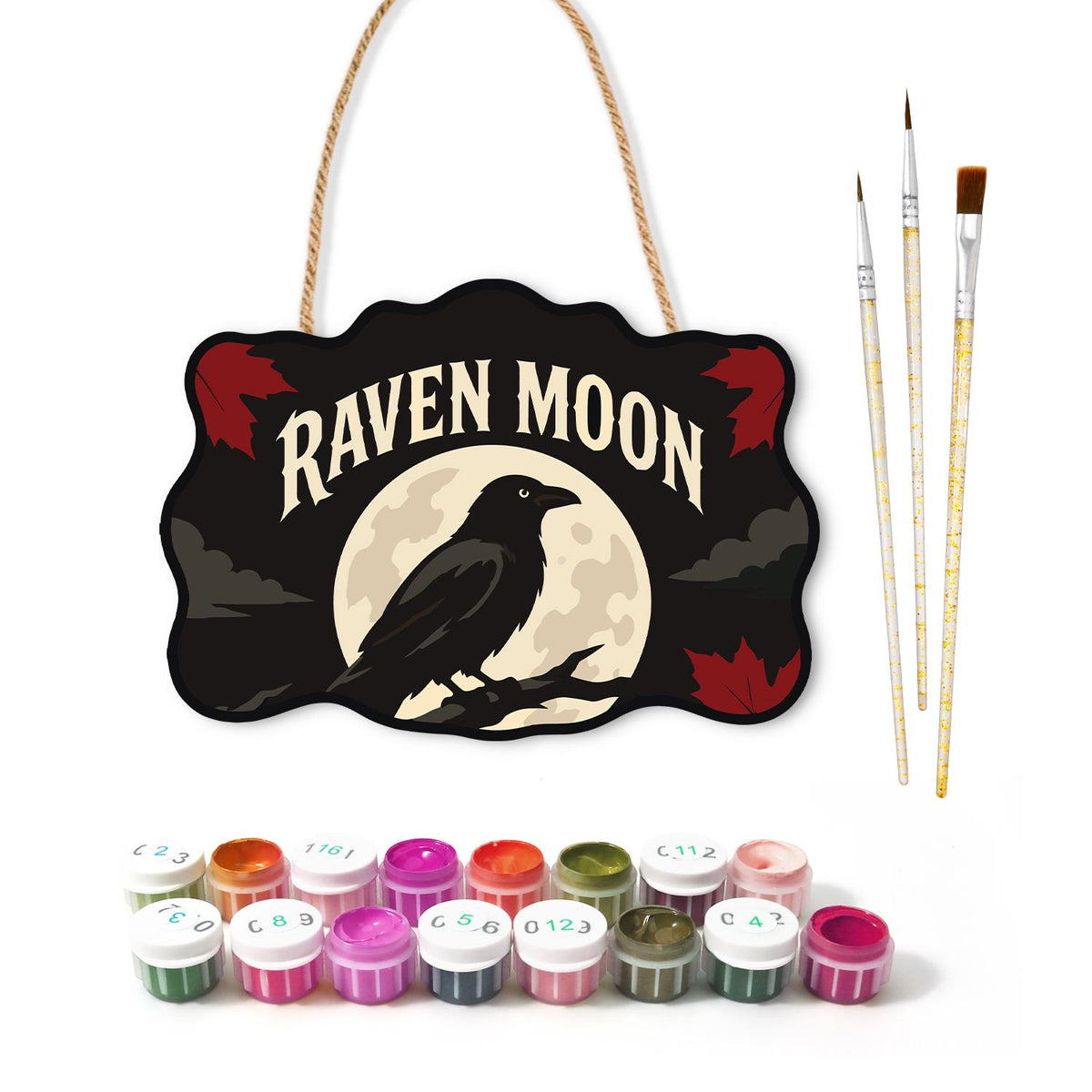 Branch-Perched Raven at Full Moon paint by numbers hanging sign – image 2