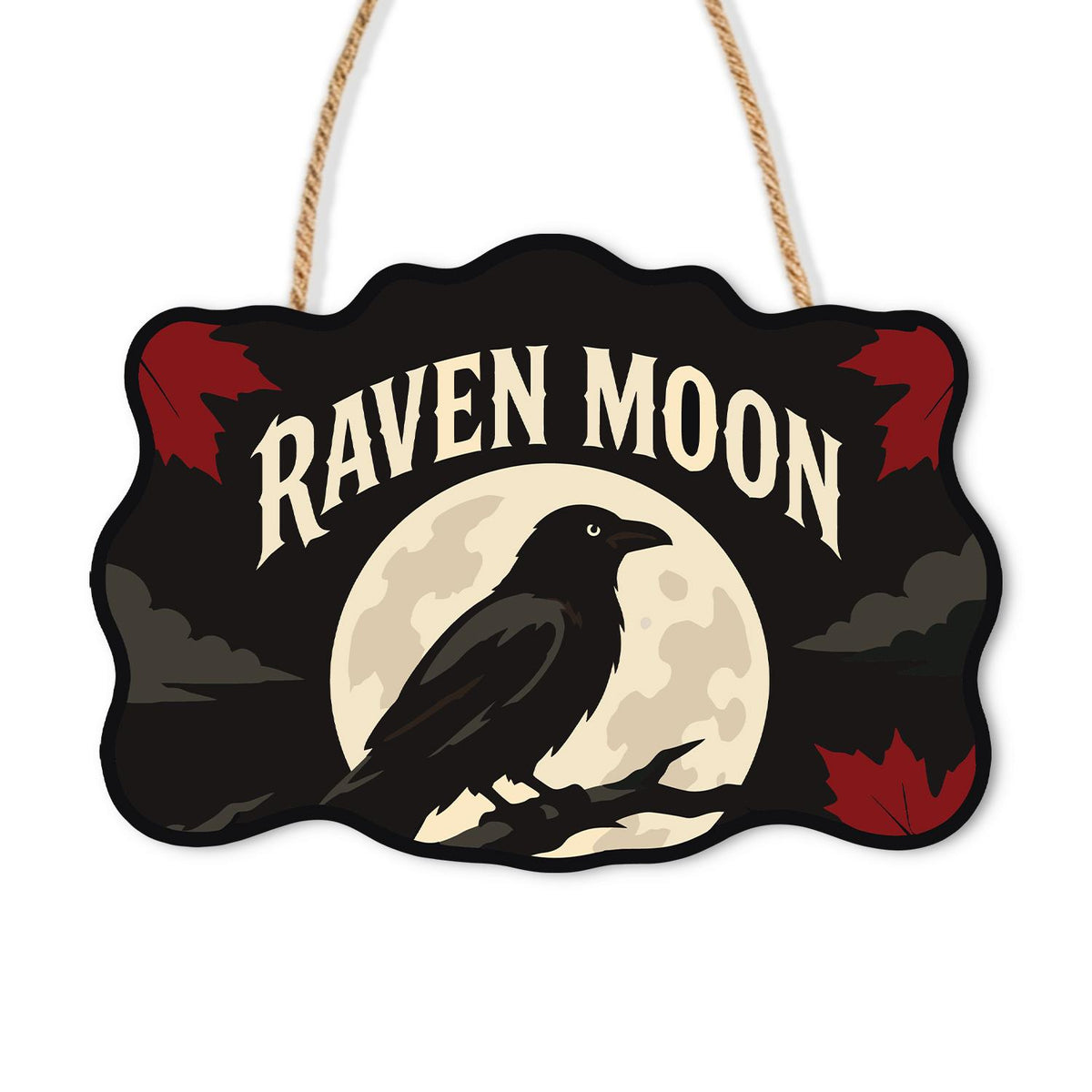 Branch-Perched Raven at Full Moon paint by numbers hanging sign – Black raven perched on a branch before a full moon with red maple leaves, Raven Moon lettering, on a wooden sign with a rope hanger