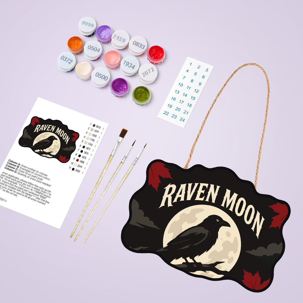 Branch-Perched Raven at Full Moon paint by numbers hanging sign – image 4