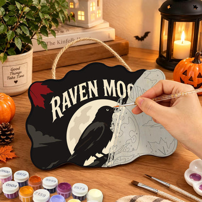 Branch-Perched Raven at Full Moon paint by numbers hanging sign – image 7