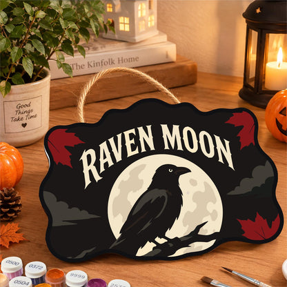 Branch-Perched Raven at Full Moon paint by numbers hanging sign – image 8