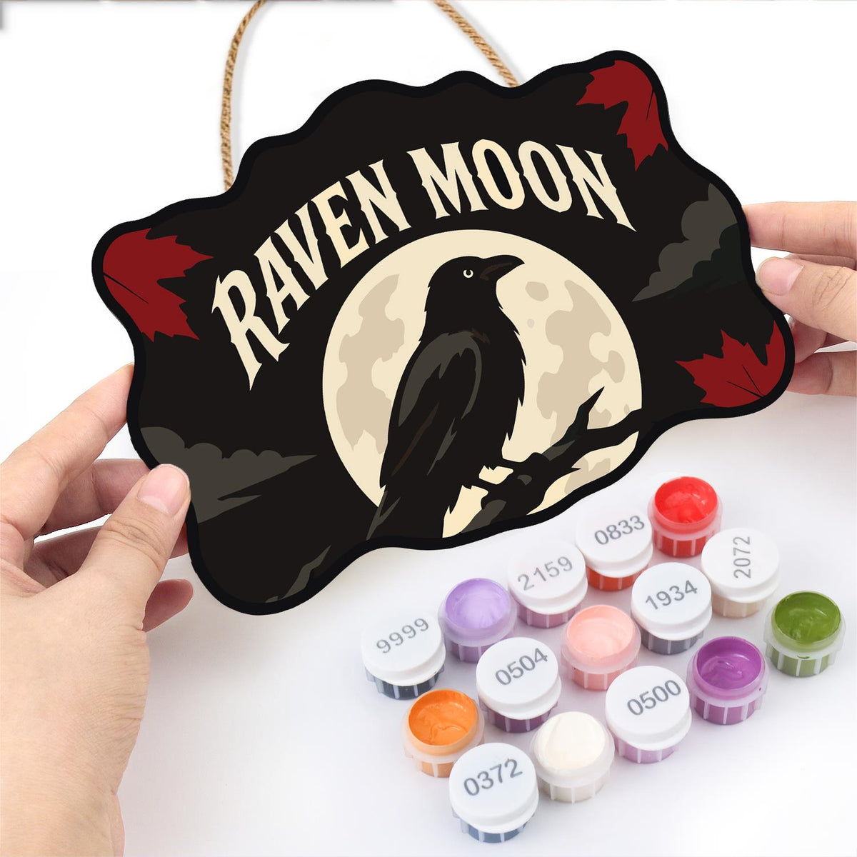 Branch-Perched Raven at Full Moon paint by numbers hanging sign – image 9