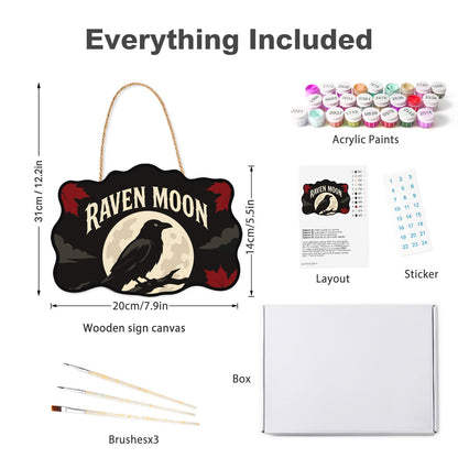 Branch-Perched Raven at Full Moon paint by numbers hanging sign – what's in the kit: the wooden sign, rope hanger, numbered paints and brushes