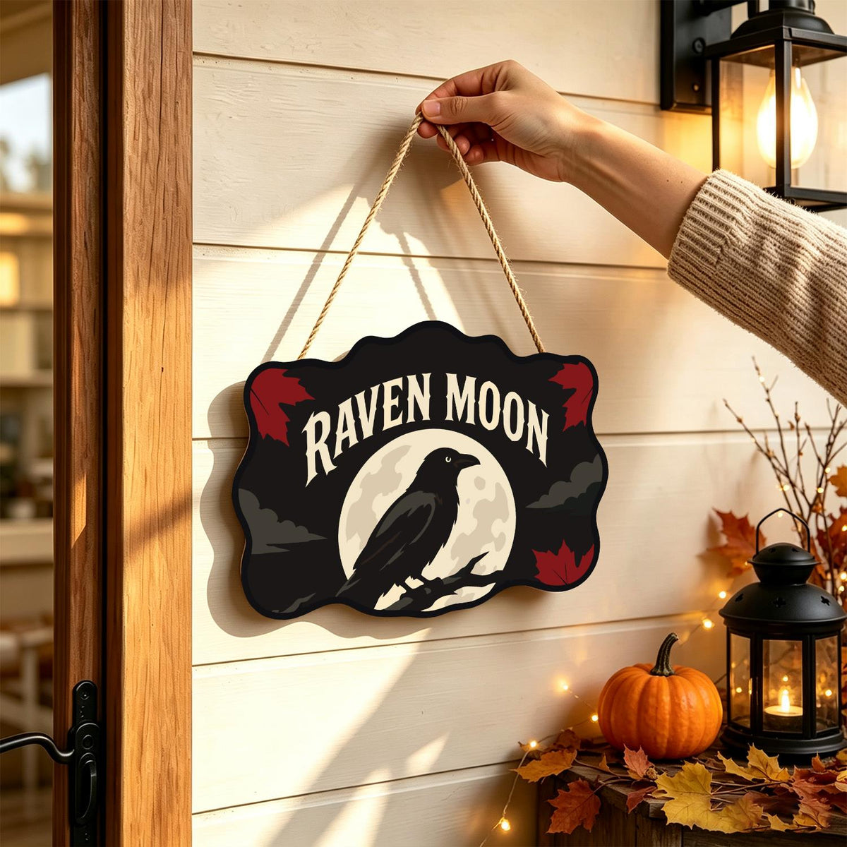 Branch-Perched Raven at Full Moon paint by numbers hanging sign – image 14
