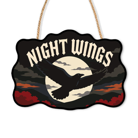 Raven Crossing the Full Moon paint by numbers hanging sign – Black raven flying across a full moon above dark clouds and red foliage, Night Wings lettering, on a wooden sign with a rope hanger