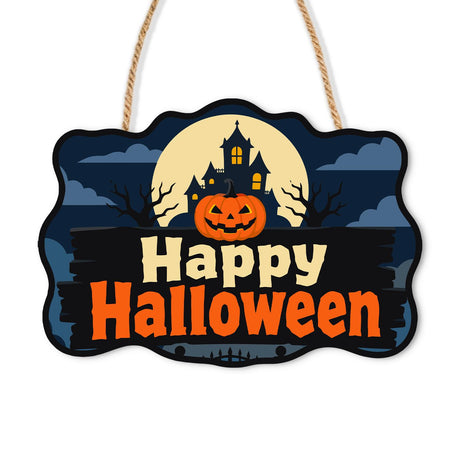 Moonlit Haunted House Hilltop paint by numbers hanging sign – Haunted house on a hill before a full moon with bare trees and a jack-o'-lantern, Happy Halloween on a dark board, on a wooden sign with a rope hanger