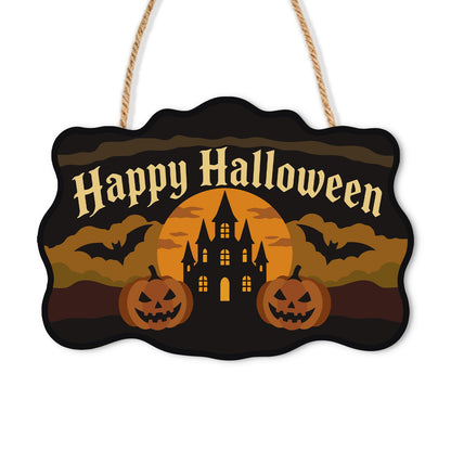 Castle Bats and Pumpkin Pair paint by numbers hanging sign – Castle silhouette before an amber moon with bats and two jack-o'-lanterns on dark ground, Happy Halloween lettering, on a wooden sign with a rope hanger