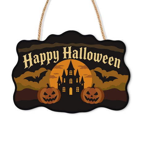 Castle Bats and Pumpkin Pair paint by numbers hanging sign – Castle silhouette before an amber moon with bats and two jack-o'-lanterns on dark ground, Happy Halloween lettering, on a wooden sign with a rope hanger