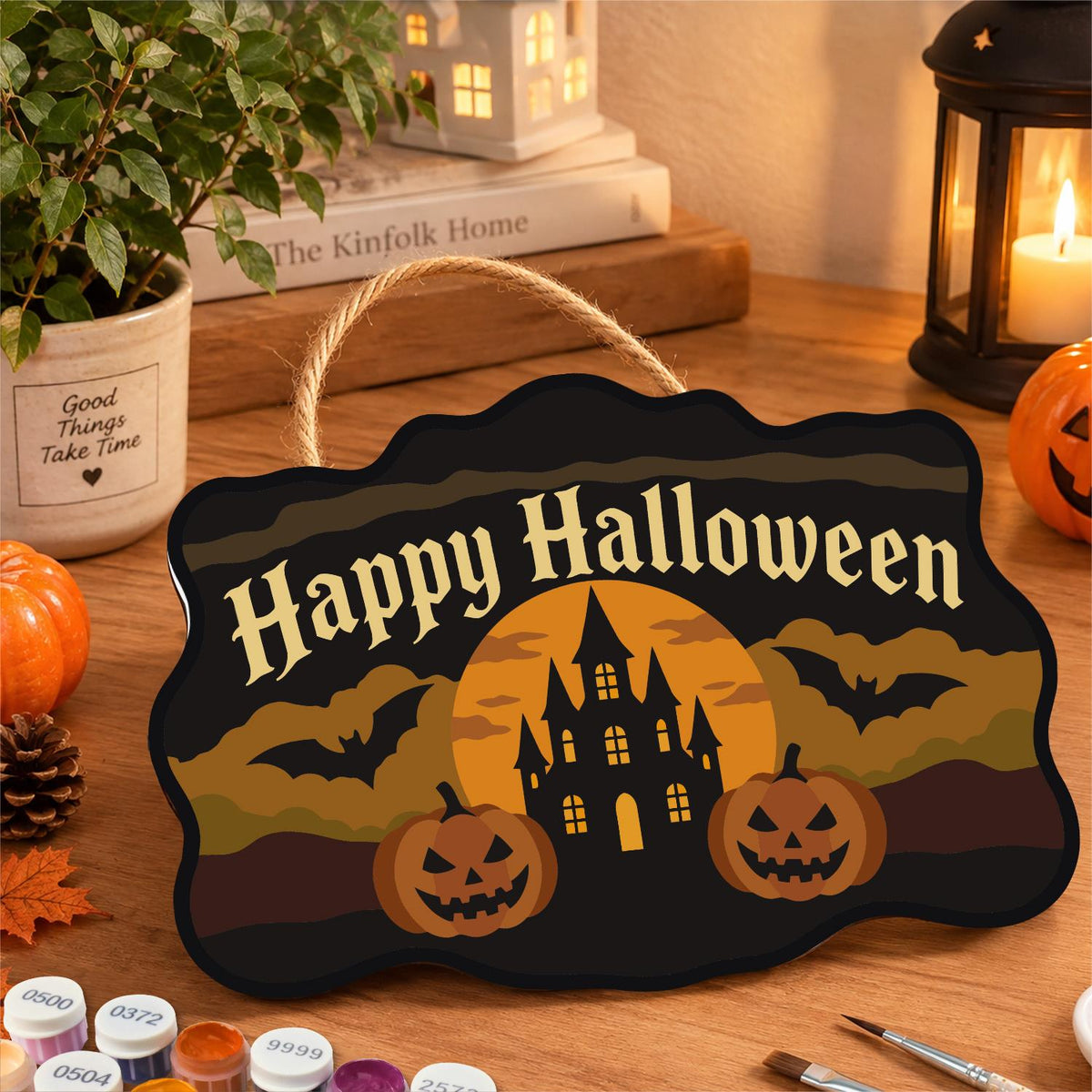 Castle Bats and Pumpkin Pair paint by numbers hanging sign – image 8