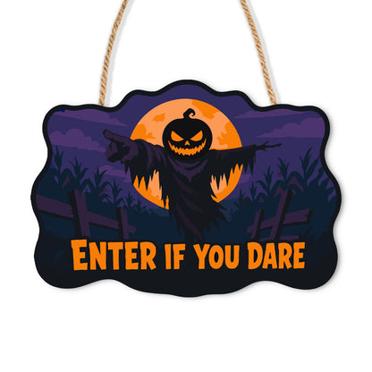 Orange Moon Ragged Scarecrow paint by numbers hanging sign – Ragged scarecrow with a jack-o'-lantern head before an orange moon in a cornfield, Enter If You Dare lettering, on a wooden sign with a rope hanger