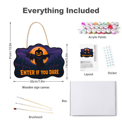 Orange Moon Ragged Scarecrow paint by numbers hanging sign – what's in the kit: the wooden sign, rope hanger, numbered paints and brushes